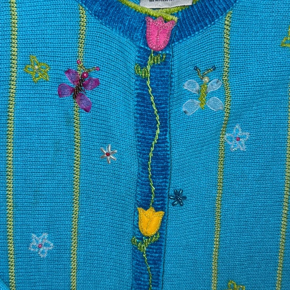 Vintage The Quaker Factory Blue Hand Embroidered Beaded Flowers Bunny Cardigan L - Picture 7 of 16